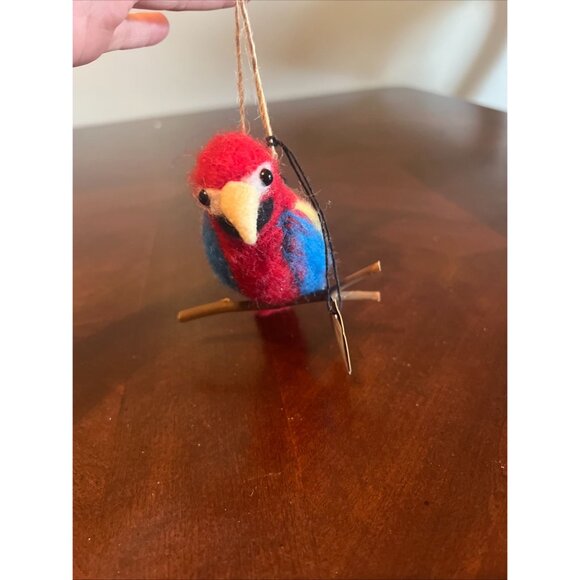 Felt Parrot Hanging Ornament - Red Blue & Yellow Wooden Perch - Picture 3 of 7